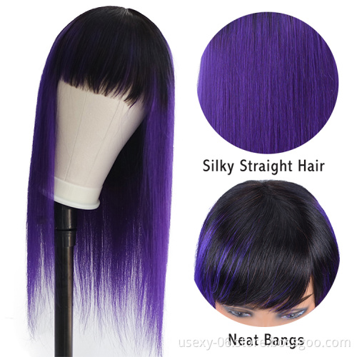 Pre Colored Human Hair Wigs With Bangs 1B Purple Ombre Color Raw Indian Hair None Lace Wigs For Black Women